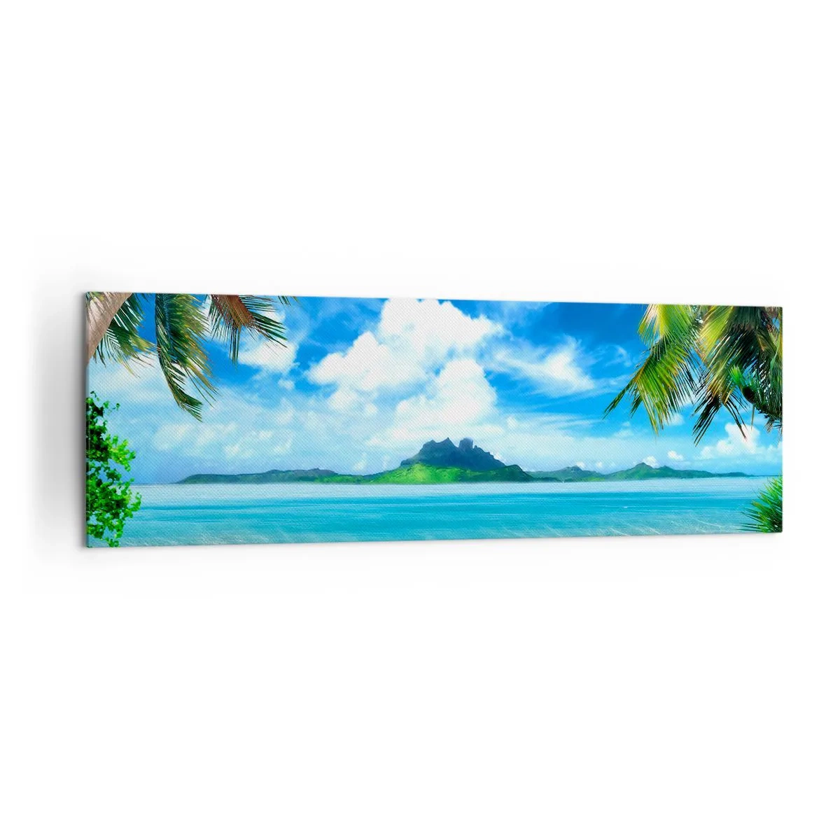 Cuadro sobre lienzo - Impresión de Imagen - Playa tropical con palmeras y vista a la isla. - 160x50cm - El azul de los trópicos - Decoración de pared moderna para salón y dormitorio ARTTOR