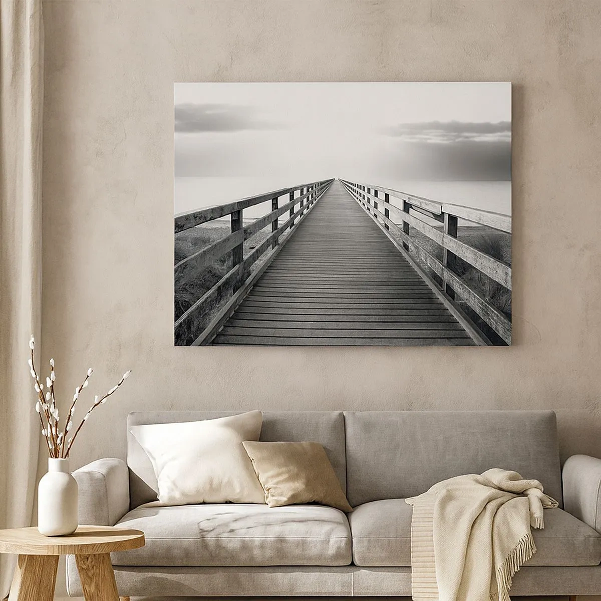 Cuadro sobre lienzo - Impresión de Imagen - Una imagen en blanco y negro de un embarcadero de madera que conduce hacia el horizonte. - 70x50cm - En la distancia... - Decoración de pared moderna para salón y dormitorio ARTTOR
