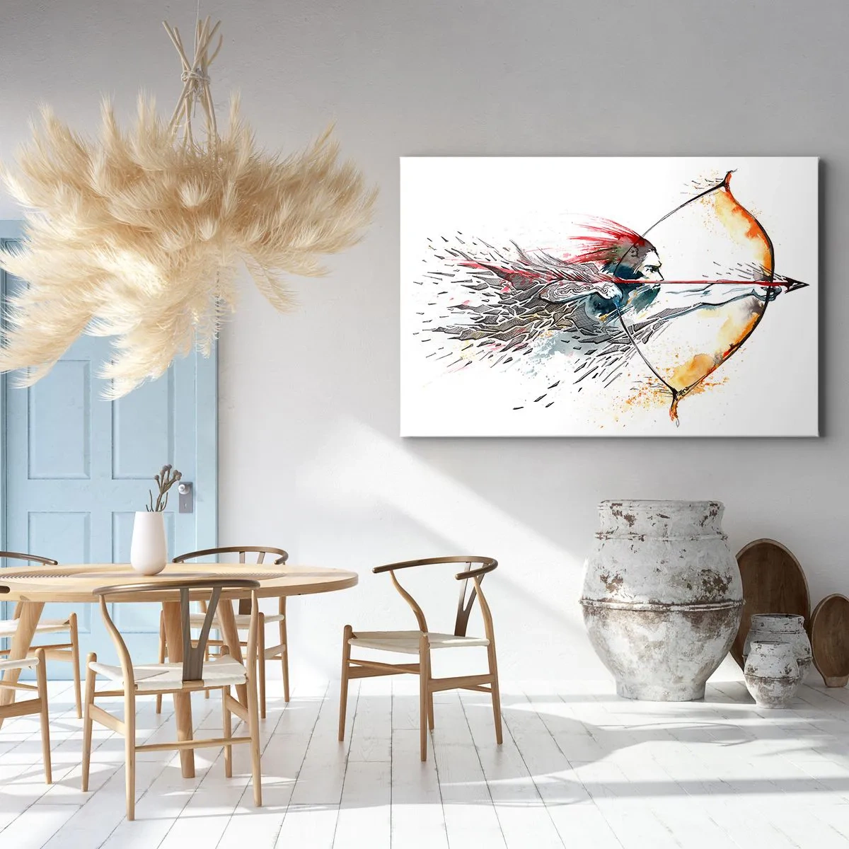 Cuadro sobre lienzo - Impresión de Imagen - Pintura dinámica de acuarela de un guerrero con arco y flecha. - 70x50cm - Guerrero mítico con arco de fuego - Decoración de pared moderna para salón y dormitorio ARTTOR