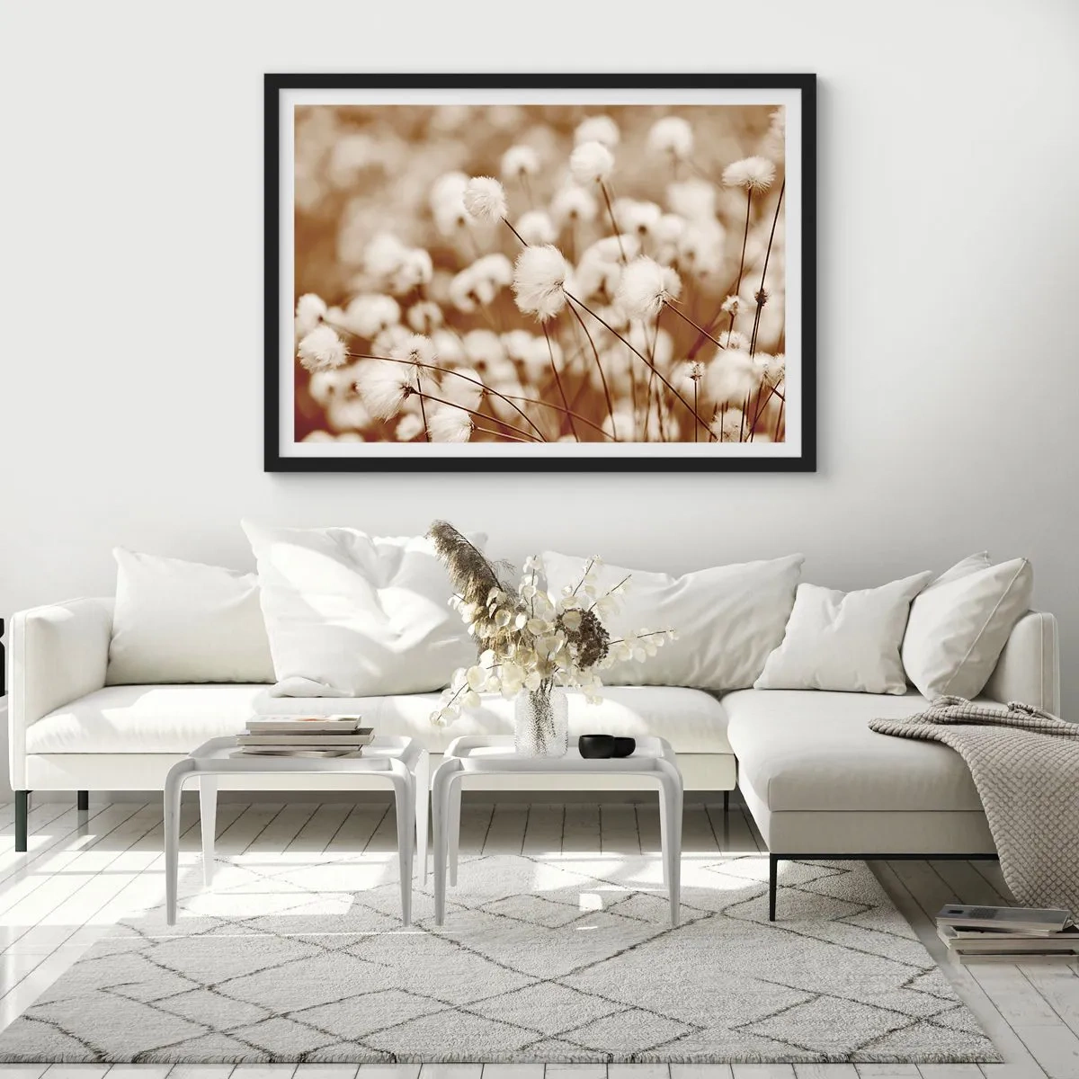 Póster en marco negro - Un campo de delicadas plantas en tonos sepia. - 100x70cm - Un mullido colchón - Decoración de pared moderna para salón y dormitorio ARTTOR