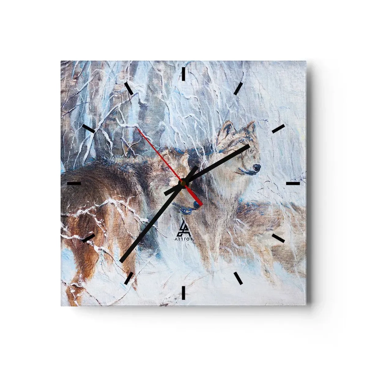 Reloj de pared - Reloj de vidrio - Lobos en un bosque invernal con un fondo nevado - 30x30cm - ¡Cuidado! Aquí viene... - Decoración de pared moderna para salón y dormitorio ARTTOR