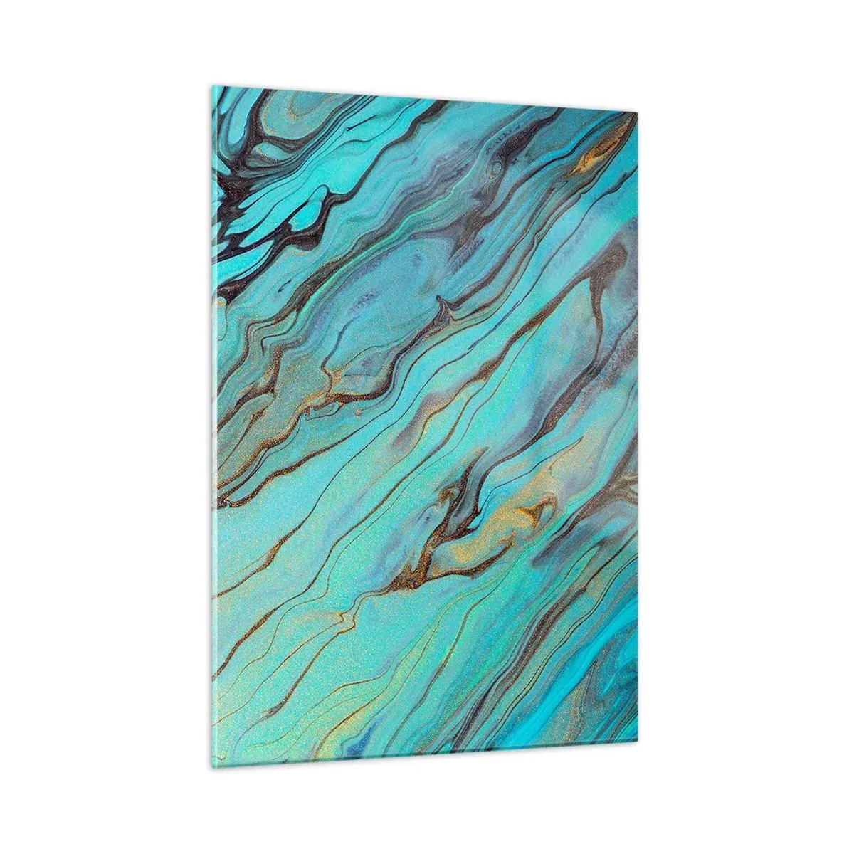 Cuadro sobre vidrio - Impresiones sobre Vidrio - Rayas abstractas en turquesa y oro - 50x70cm - Marea turquesa - Decoración de pared moderna para salón y dormitorio ARTTOR