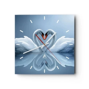 Reloj de pared - Reloj de vidrio - Dos cisnes formando un corazón en una superficie tranquila del agua. - 30x30cm - Tiempo de amor - Decoración de pared moderna para salón y dormitorio ARTTOR
