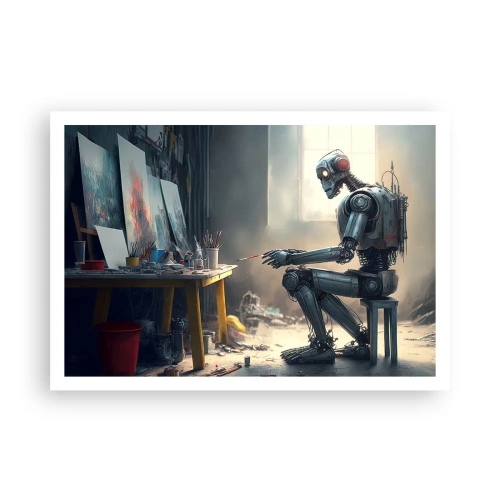 Póster - Un robot pintando un cuadro en un estudio de arte. - 100x70cm - El acto de creación - Decoración de pared moderna para salón y dormitorio ARTTOR