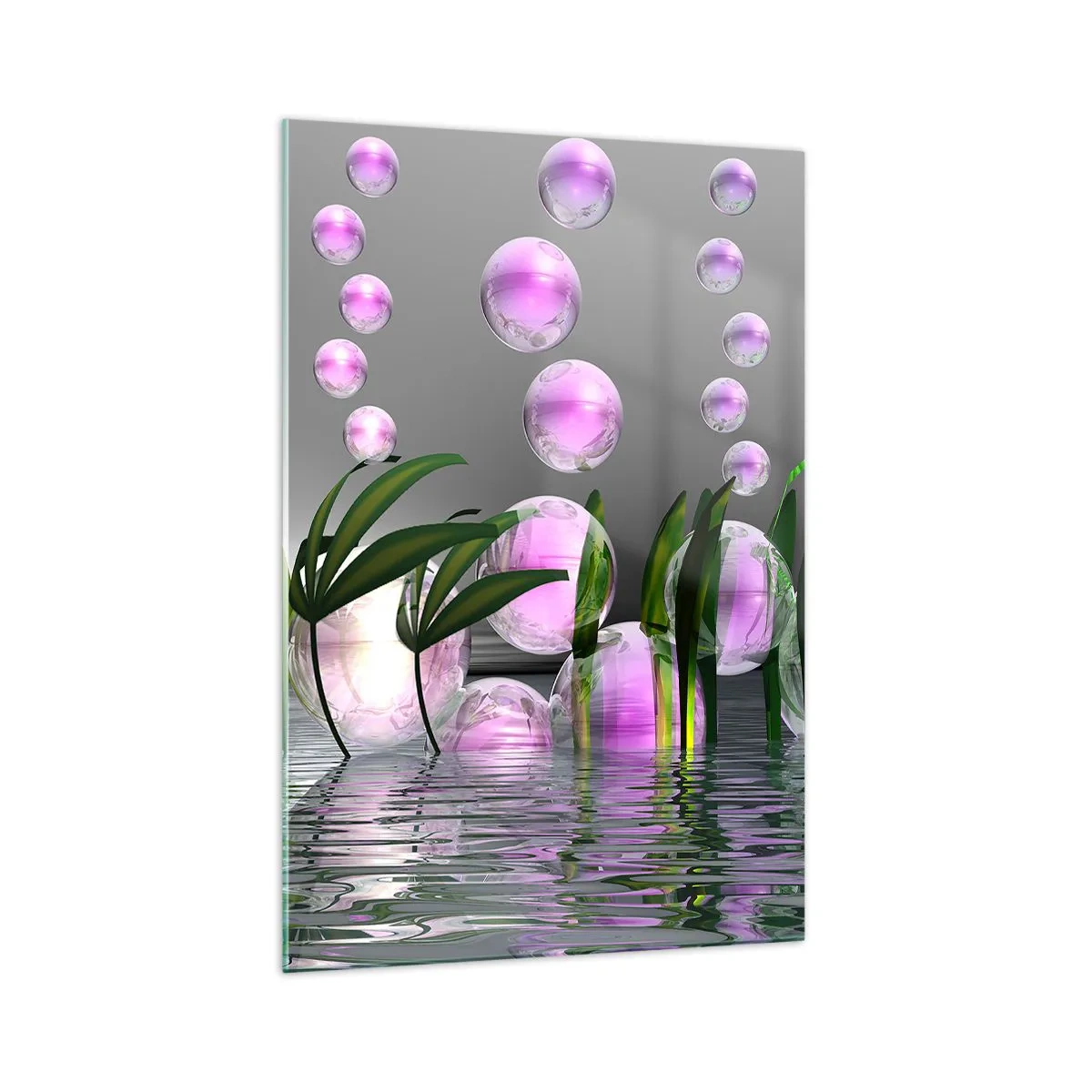Cuadro sobre vidrio - Impresiones sobre Vidrio - Hojas verdes y burbujas rosadas sobre el agua sobre un fondo gris. - 70x100cm - Composición reflexiva de ligereza y vida - Decoración de pared moderna para salón y dormitorio ARTTOR