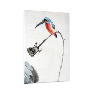 Cuadro sobre vidrio - Impresiones sobre Vidrio - Un pájaro colorido sobre un fondo de vegetación y una libélula. - 70x100cm - La vida de la pradera - Decoración de pared moderna para salón y dormitorio ARTTOR