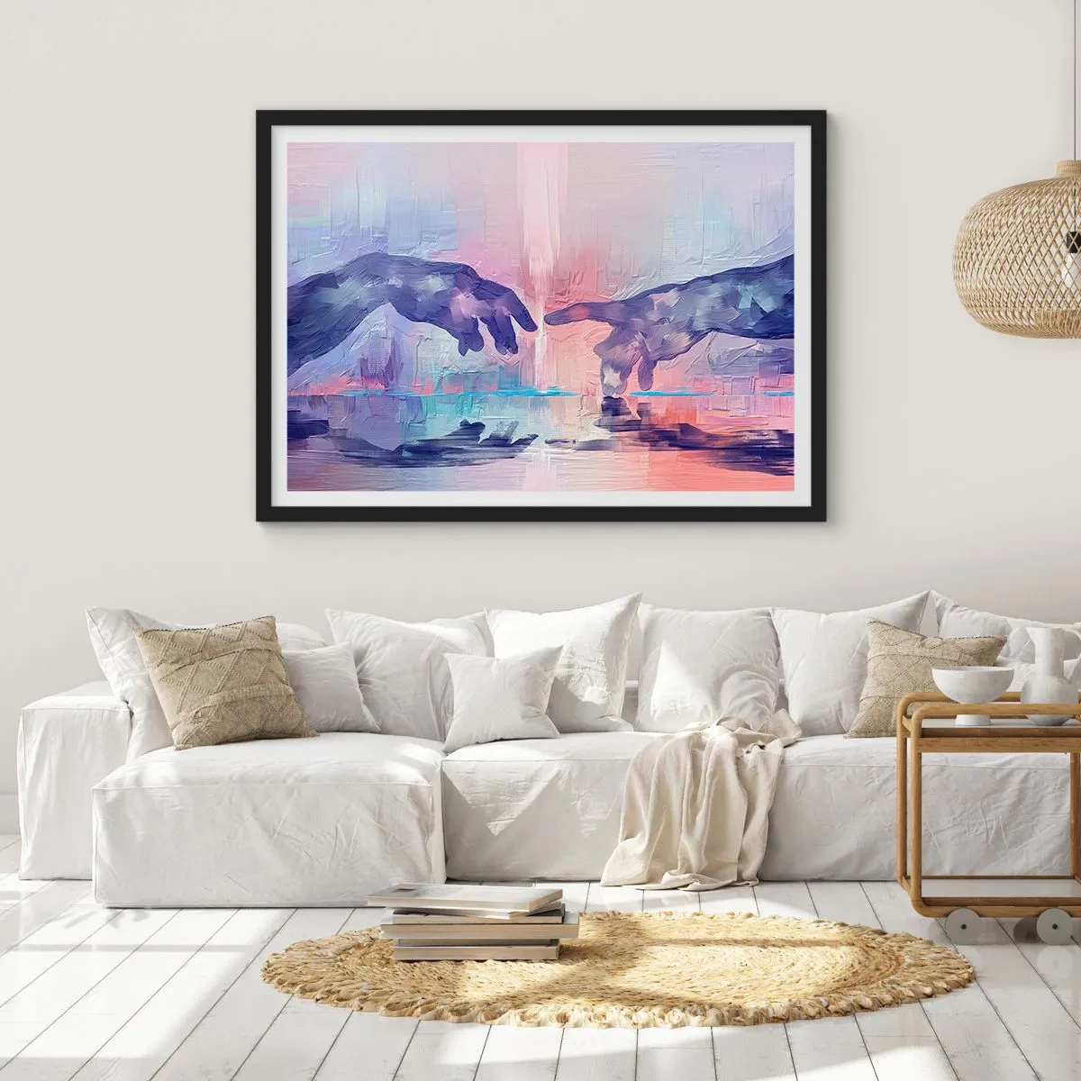 Póster en marco negro - Manos simbólicas en colores abstractos, haciendo referencia al tema de la creación. - 70x50cm - Chispa divina de vida - Decoración de pared moderna para salón y dormitorio ARTTOR