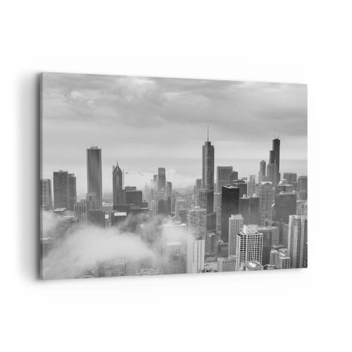 Cuadro sobre lienzo - Impresión de Imagen - Panorama de la ciudad con rascacielos en las nubes en blanco y negro - 100x70cm - Paisaje americano - Decoración de pared moderna para salón y dormitorio ARTTOR