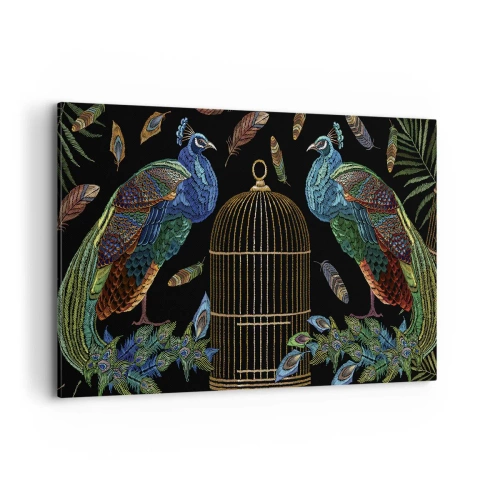 Cuadro sobre lienzo - Impresión de Imagen - Pavos reales junto a una jaula dorada sobre un fondo negro - 100x70cm - Con plumajes reales - Decoración de pared moderna para salón y dormitorio ARTTOR