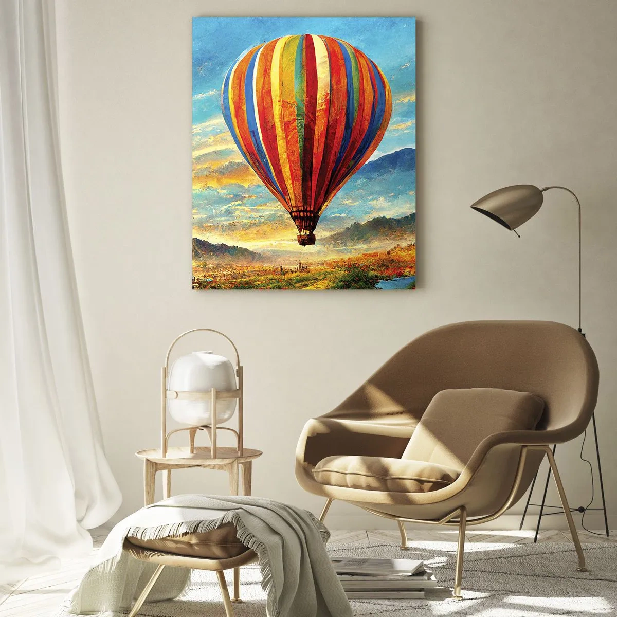 Cuadro sobre vidrio - Impresiones sobre Vidrio - Un globo colorido flotando sobre un paisaje montañoso. - 50x70cm - En silencio se ve el horizonte - Decoración de pared moderna para salón y dormitorio ARTTOR