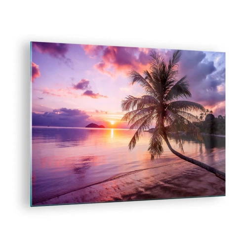 Cuadro sobre vidrio - Impresiones sobre Vidrio - Playa exótica con palmera al atardecer - 70x50cm - Hermosura hasta el horizonte - Decoración de pared moderna para salón y dormitorio ARTTOR