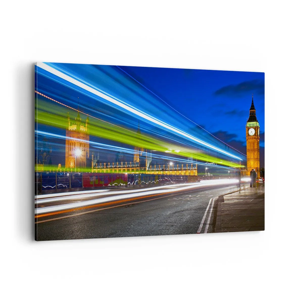 Cuadro sobre lienzo - Impresión de Imagen - El Big Ben de noche con el efecto de las luces en el tráfico de la calle. - 100x70cm - Bajo la mirada del Big Ben - Decoración de pared moderna para salón y dormitorio ARTTOR