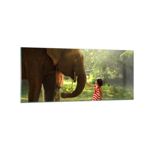 Cuadro sobre vidrio - Impresiones sobre Vidrio - Una niña con un vestido rojo tocando un elefante en el bosque. - 120x50cm - El poder de la amistad - Decoración de pared moderna para salón y dormitorio ARTTOR