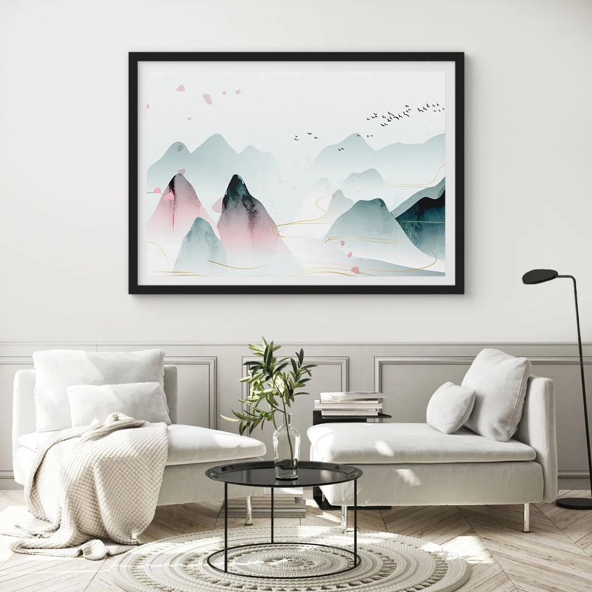 Póster en marco negro - Montañas abstractas en tonos pastel - 100x70cm - Sobre las cimas - Decoración de pared moderna para salón y dormitorio ARTTOR