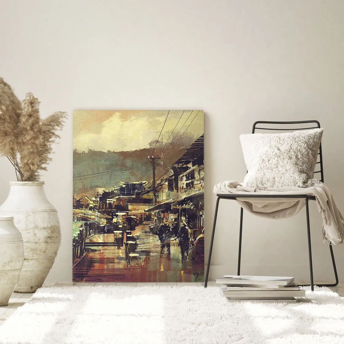 Cuadro sobre vidrio - Impresiones sobre Vidrio - Un pueblo con un puente y calles de estilo artístico. - 70x100cm - La vida como riqueza de grises - Decoración de pared moderna para salón y dormitorio ARTTOR
