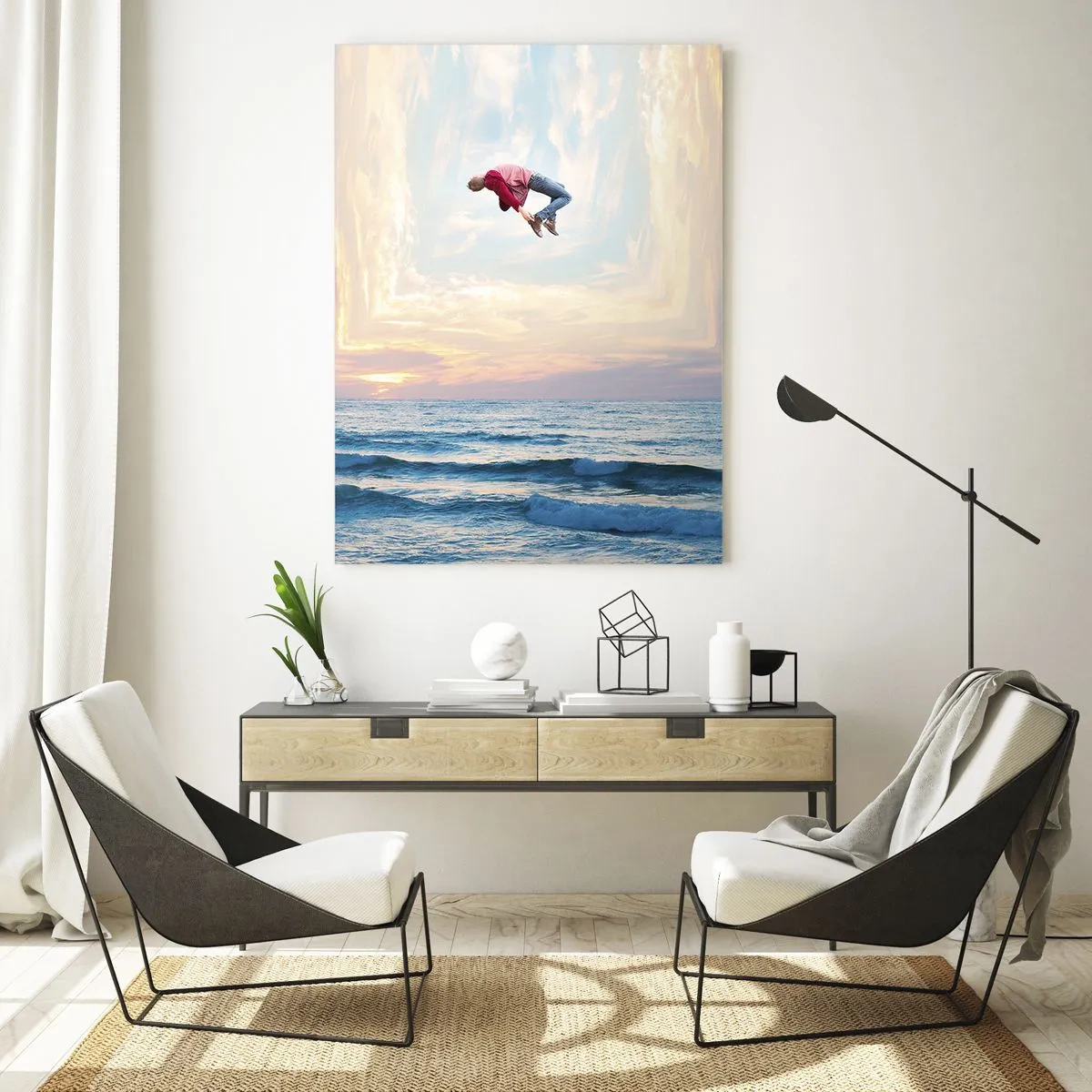 Cuadro sobre vidrio - Impresiones sobre Vidrio - Salto surrealista sobre el mar en el marco. - 80x120cm - A otra dimensión - Decoración de pared moderna para salón y dormitorio ARTTOR