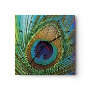 Reloj de pared - Reloj de vidrio - Primer plano de una pluma de pavo real con colores vivos. - 30x30cm - Cara a cara - Decoración de pared moderna para salón y dormitorio ARTTOR
