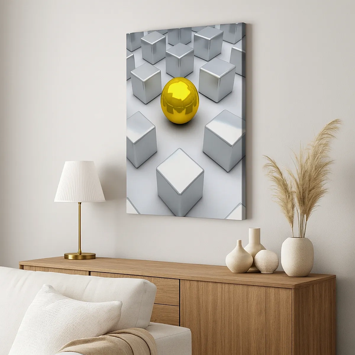 Cuadro sobre lienzo - Impresión de Imagen - Una esfera dorada que destaca entre los cubos plateados. - 50x70cm - ¿Por qué yo? Composición geométrica - Decoración de pared moderna para salón y dormitorio ARTTOR
