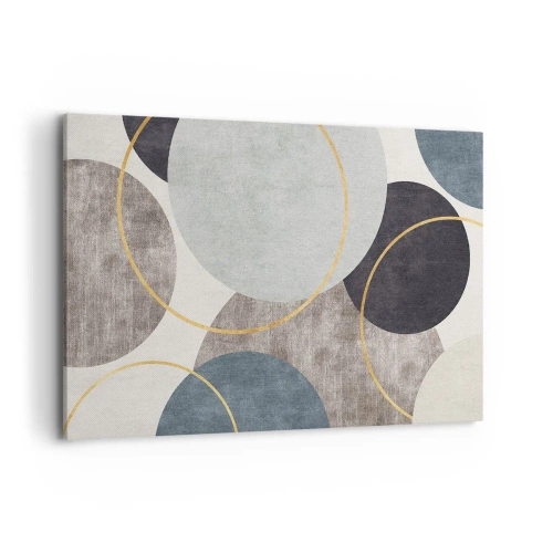 Cuadro sobre lienzo - Impresión de Imagen - Círculos geométricos en tonos grises, azules y dorados. - 120x80cm - Círculo tras círculo - Decoración de pared moderna para salón y dormitorio ARTTOR