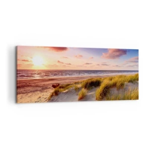 Cuadro sobre lienzo - Impresión de Imagen - Una playa cubierta de hierba y una puesta de sol sobre un mar en calma. - 120x50cm - Se siente la brisa veraniega - Decoración de pared moderna para salón y dormitorio ARTTOR