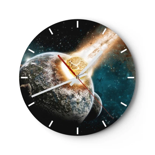 Reloj de pared - Reloj de vidrio - La Tierra y un meteorito en una explosión cósmica - 30x30cm - ¿Condena o nacimiento? - Decoración de pared moderna para salón, cocina y dormitorio ARTTOR