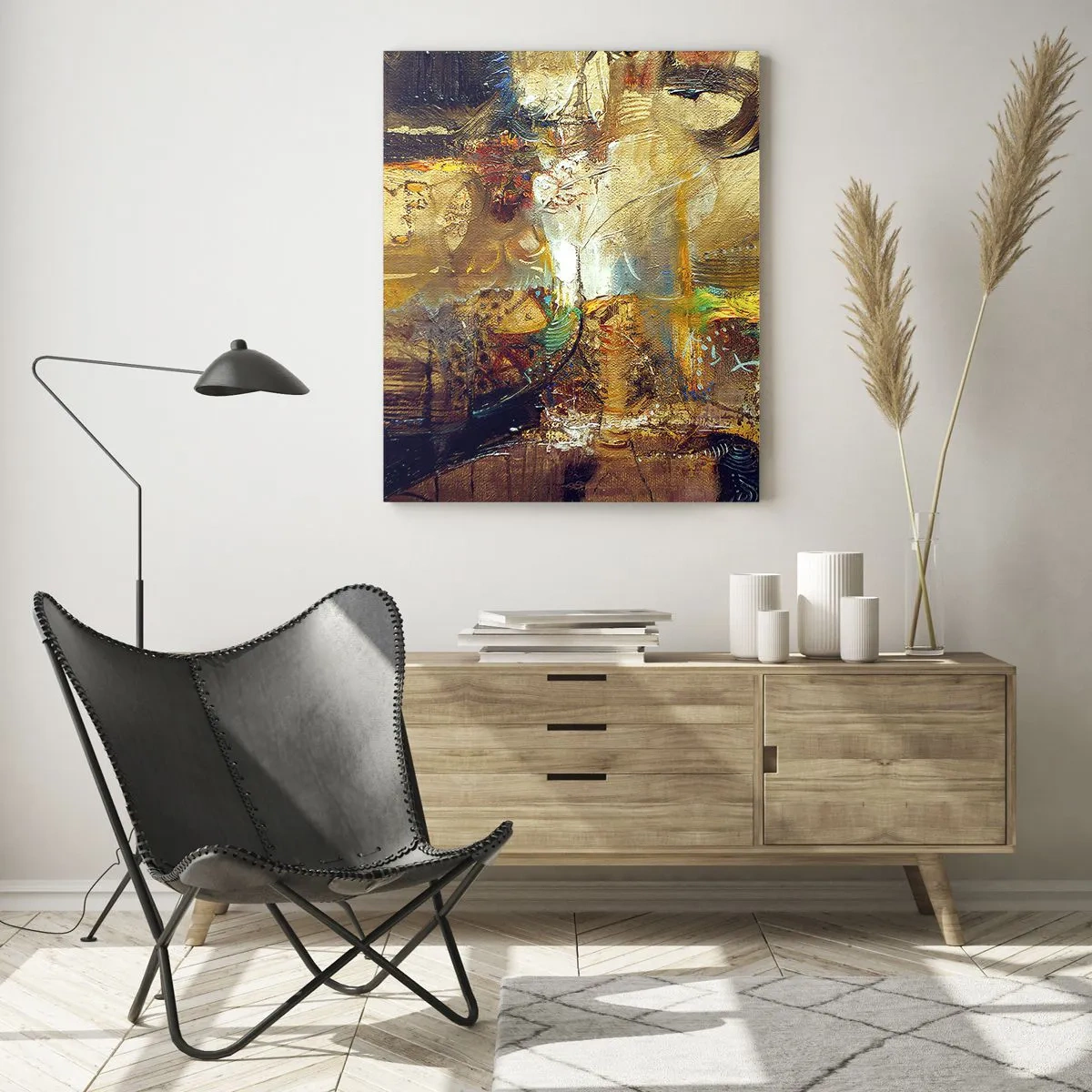 Cuadro sobre vidrio - Impresiones sobre Vidrio - Composición abstracta en tonos dorados y marrones. - 50x70cm - Frío, templado, caliente - Decoración de pared moderna para salón y dormitorio ARTTOR