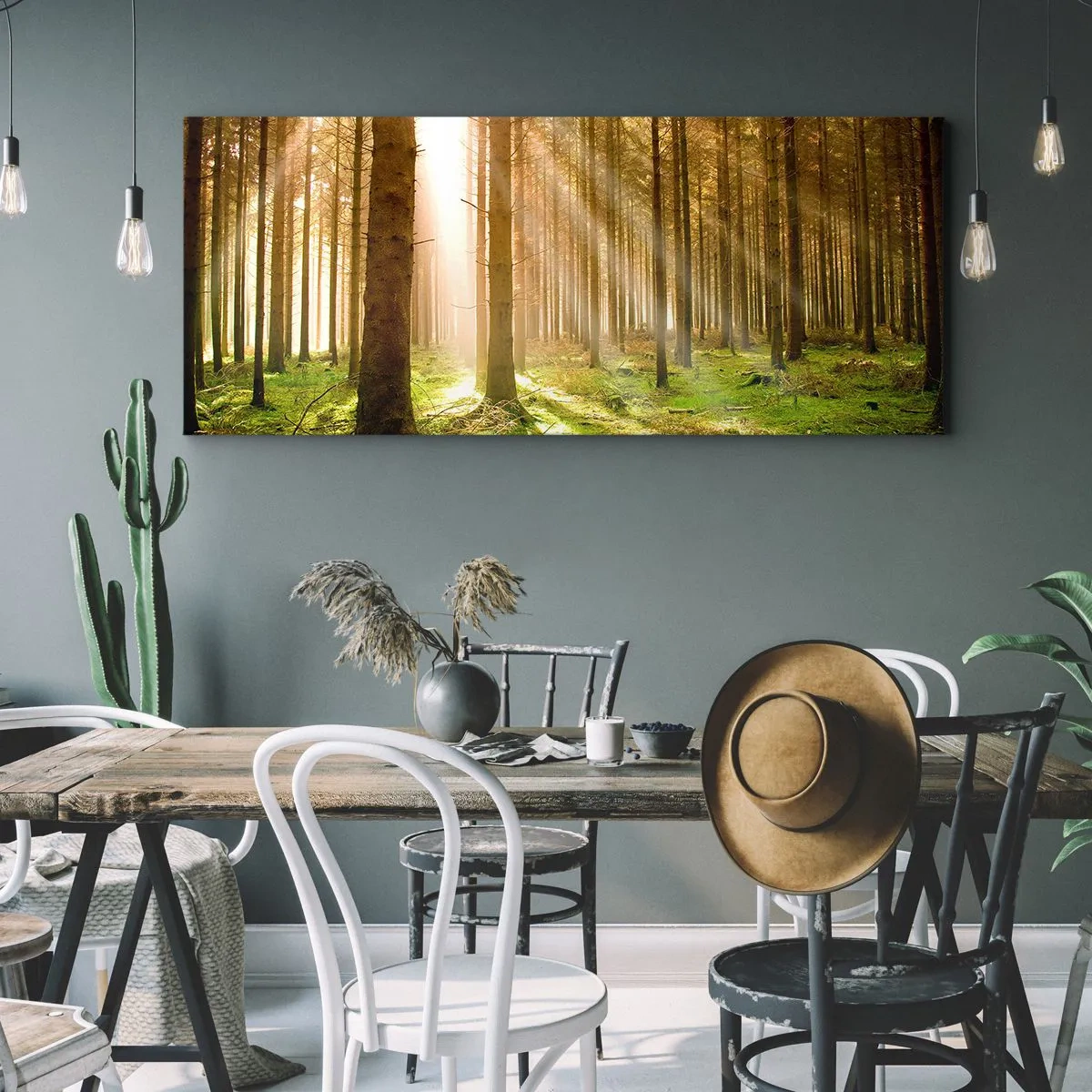 Cuadro sobre lienzo - Impresión de Imagen - Bosque de coníferas con rayos de sol brillando a través de los árboles. - 140x50cm - Los elfos se aproximan - Decoración de pared moderna para salón y dormitorio ARTTOR
