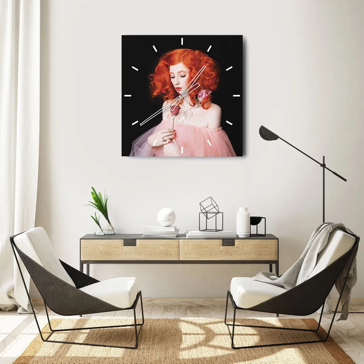Reloj de pared - Reloj de vidrio - Una mujer con cabello rojo sosteniendo una rosa. - 30x30cm - En estilo barroco - Decoración de pared moderna para salón y dormitorio ARTTOR