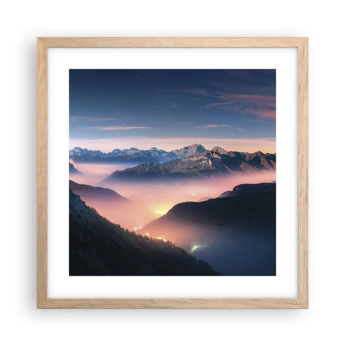 Póster en marco roble claro - Luz en los valles - 40x40 cm