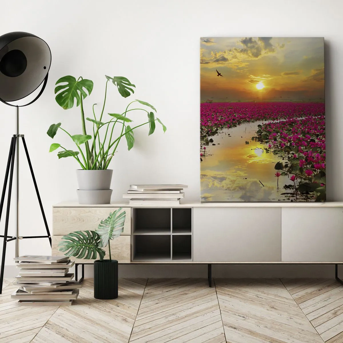 Cuadro sobre lienzo - Impresión de Imagen - Un campo de nenúfares rosados al atardecer. - 50x70cm - La vida secreta del lago - Decoración de pared moderna para salón y dormitorio ARTTOR