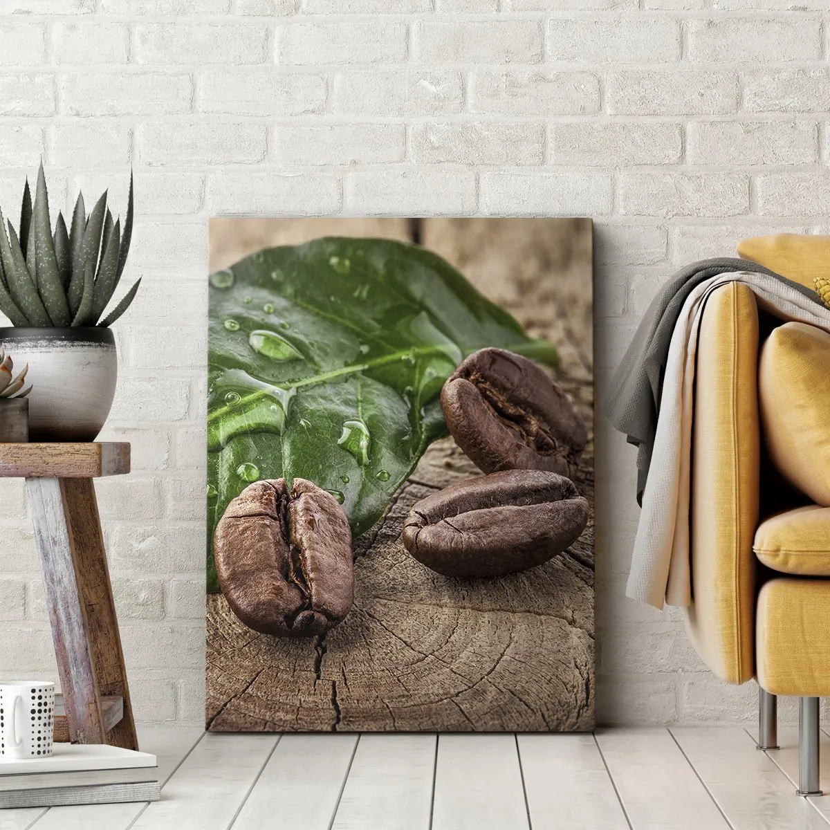 Cuadro sobre lienzo - Impresión de Imagen - Granos de café y hojas verdes sobre un fondo de madera - 70x100cm - El auténtico y negro - Decoración de pared moderna para salón y dormitorio ARTTOR