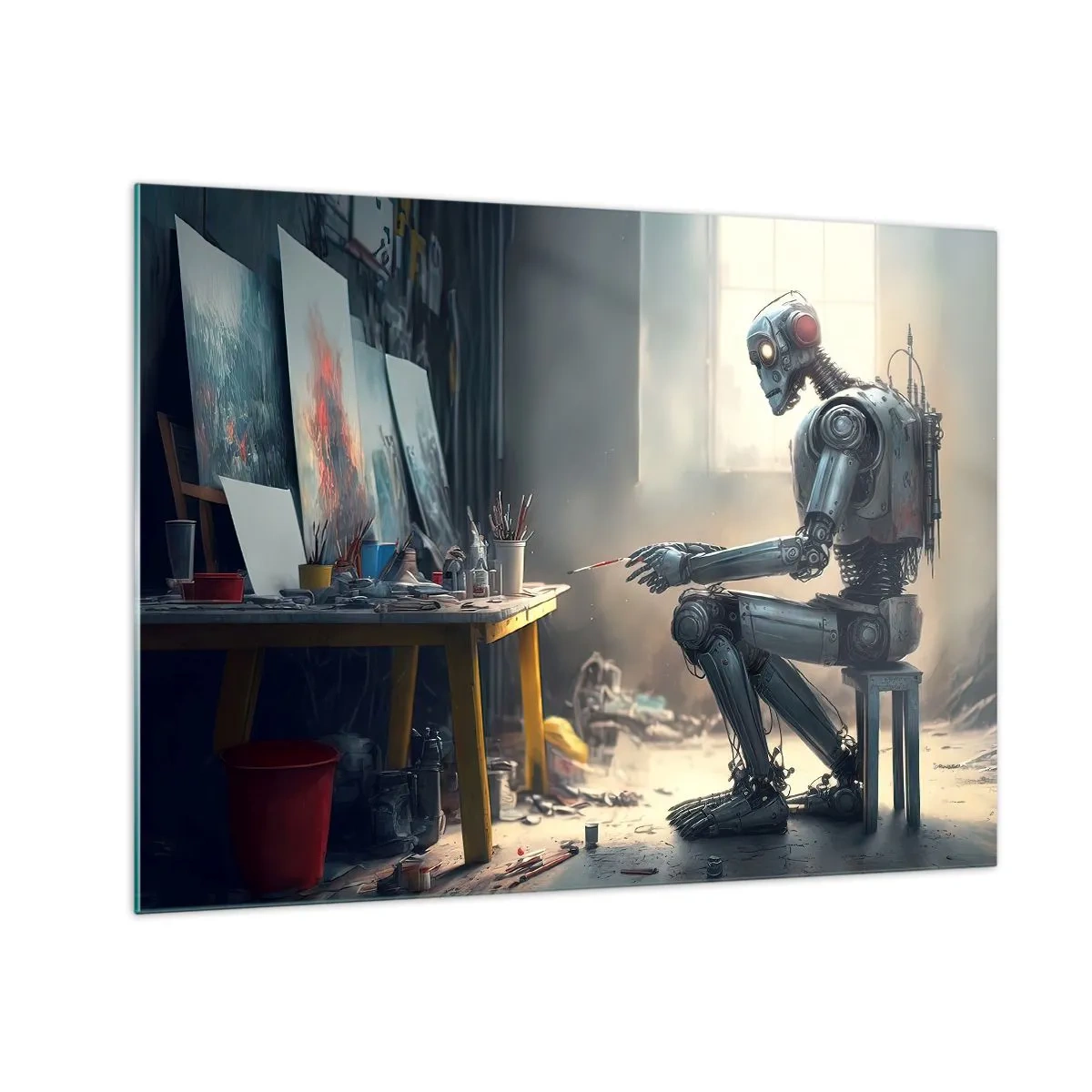 Cuadro sobre vidrio - Impresiones sobre Vidrio - Un robot pintando cuadros en un estudio de arte. - 70x50cm - El acto de creación - Decoración de pared moderna para salón y dormitorio ARTTOR
