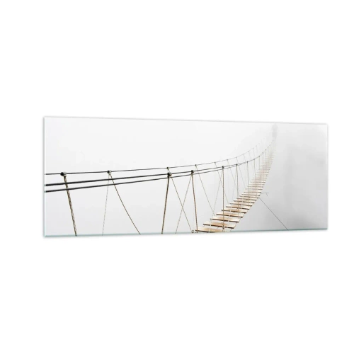 Cuadro sobre vidrio - Impresiones sobre Vidrio - Un puente colgante en la niebla desde una perspectiva minimalista - 140x50cm - ¿Adónde le llevará? - Decoración de pared moderna para salón y dormitorio ARTTOR