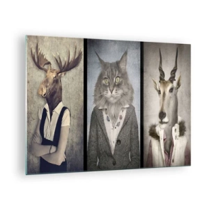 Cuadro sobre vidrio - Impresiones sobre Vidrio - Tres retratos surrealistas de animales con elegantes trajes humanos. - 70x50cm - Las pieles vuelven a estar de moda - Decoración de pared moderna para salón y dormitorio ARTTOR