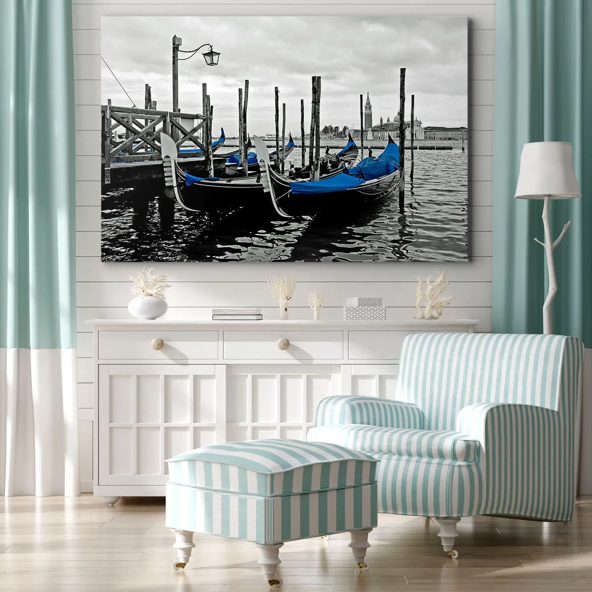 Cuadro sobre lienzo - Impresión de Imagen - Góndolas en Venecia con cubiertas azules - 70x50cm - Venecia en el pensamiento - Decoración de pared moderna para salón y dormitorio ARTTOR