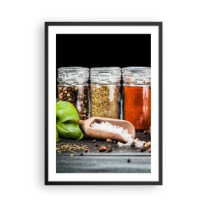 Póster en marco negro - Tarros de especias sobre un fondo oscuro - 50x70cm - Para que la vida sepa bien - Decoración de pared moderna para salón y dormitorio ARTTOR