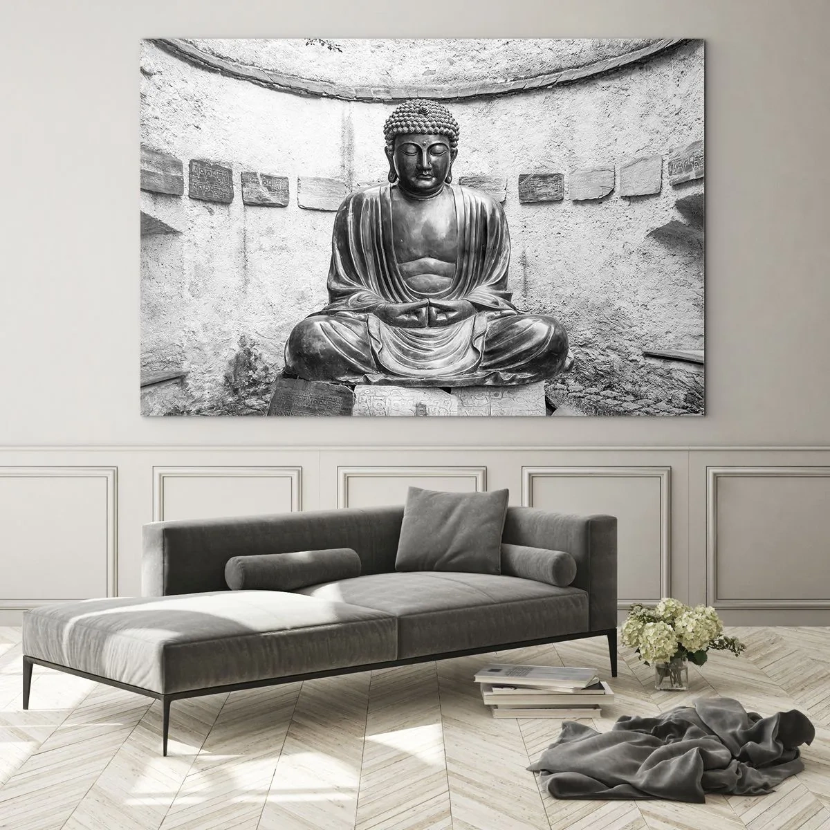 Cuadro sobre vidrio - Impresiones sobre Vidrio - Estatua en blanco y negro de Buda en pose meditativa. - 100x70cm - En la fuente de la paz - Decoración de pared moderna para salón y dormitorio ARTTOR