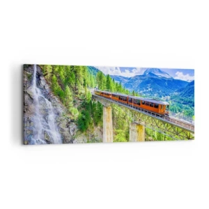 Cuadro sobre lienzo - Impresión de Imagen - Una montaña rusa en un puente con vistas a una cascada y montañas. - 120x50cm - Ferrocarril a los Alpes - Decoración de pared moderna para salón y dormitorio ARTTOR