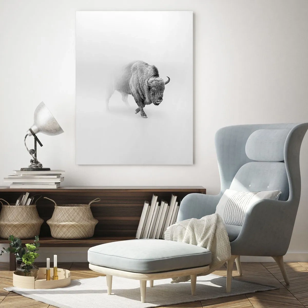 Cuadro sobre vidrio - Impresiones sobre Vidrio - Ilustración en blanco y negro de un majestuoso bisonte. - 50x70cm - Rey de la pradera - Decoración de pared moderna para salón y dormitorio ARTTOR