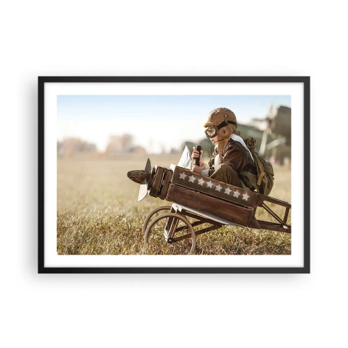 Póster en marco negro - Un niño en un avión de juguete con un campo al fondo. - 70x50cm - Despegue hacia un sueño - Decoración de pared moderna para salón y dormitorio ARTTOR