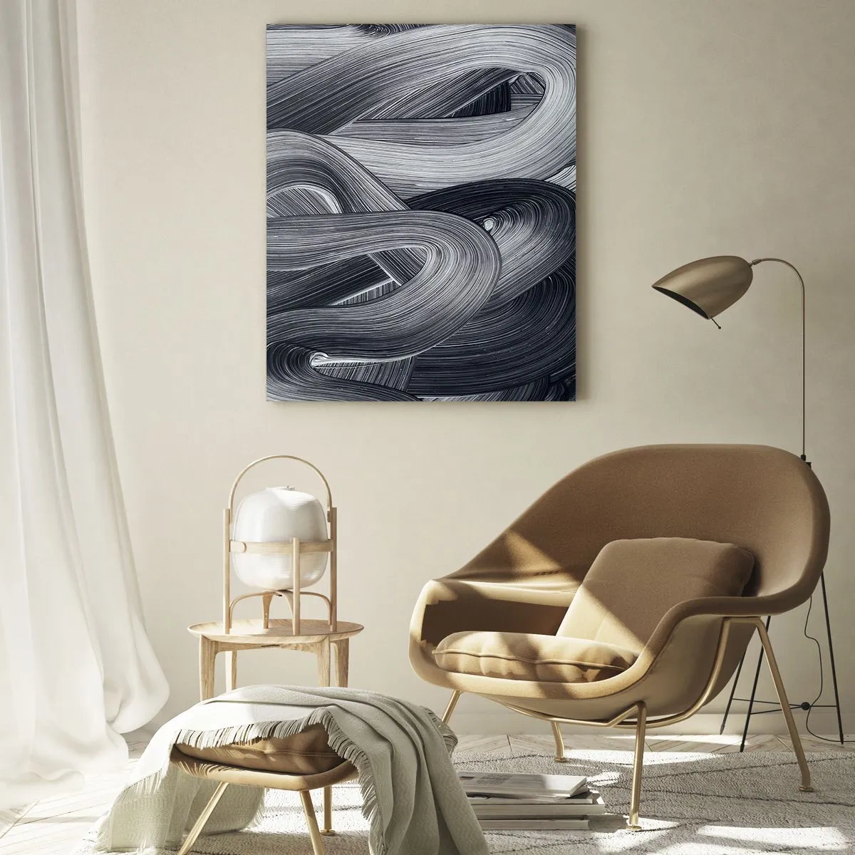 Cuadro sobre vidrio - Impresiones sobre Vidrio - Abstracción en blanco y negro con pinceladas dinámicas. - 70x100cm - La fluidez de la realidad - Decoración de pared moderna para salón y dormitorio ARTTOR
