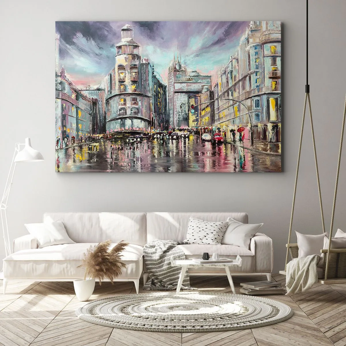 Cuadro sobre lienzo - Impresión de Imagen - Vista nocturna de la ciudad con reflejos en la calle mojada. - 70x50cm - Va a ser una buena noche - Decoración de pared moderna para salón y dormitorio ARTTOR