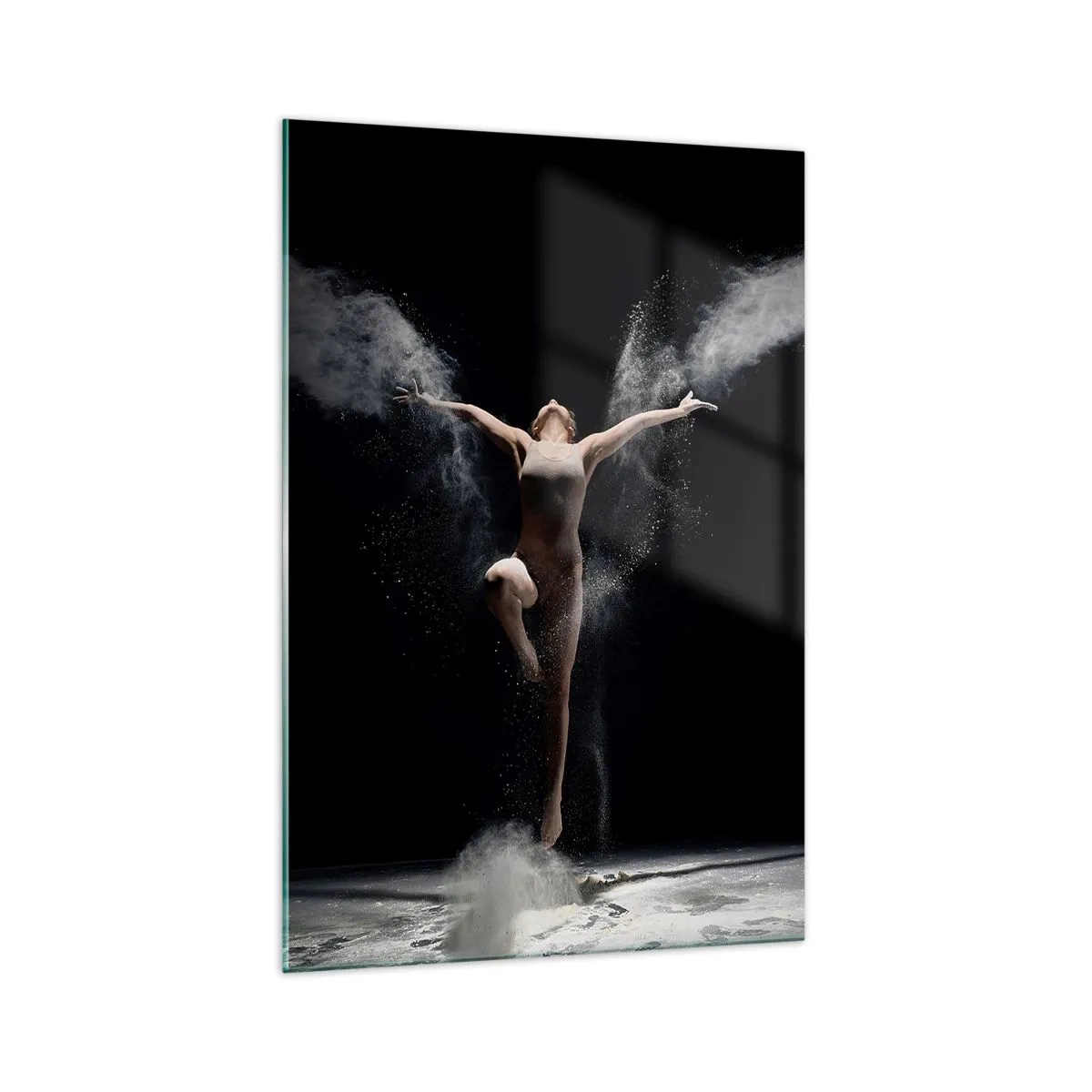 Cuadro sobre vidrio - Impresiones sobre Vidrio - Una bailarina en movimiento con un llamativo efecto de polvo sobre un fondo negro. - 70x100cm - Los duendes existen - Decoración de pared moderna para salón y dormitorio ARTTOR