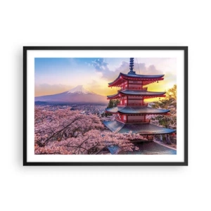 Póster en marco negro - Una pagoda en Japón con flores de cerezo y el monte Fuji. - 70x50cm - La esencia del espíritu japonés - Decoración de pared moderna para salón y dormitorio ARTTOR