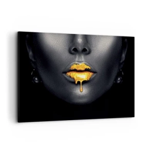 Cuadro sobre lienzo - Impresión de Imagen - Retrato en negro y dorado de una mujer con una gota de oro en los labios. - 100x70cm - Labios de oro - Decoración de pared moderna para salón y dormitorio ARTTOR