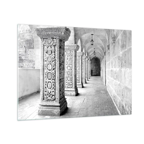 Cuadro sobre vidrio - Impresiones sobre Vidrio - Claustro histórico con columnas talladas - 70x50cm - ¿Y adónde nos llevará...? - Decoración de pared moderna para salón y dormitorio ARTTOR