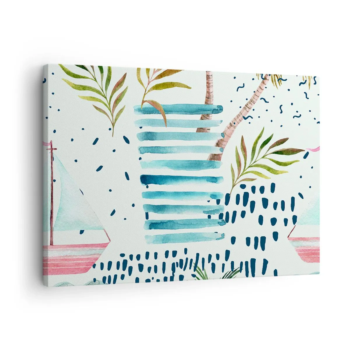 Cuadro sobre lienzo - Impresión de Imagen - Patrón abstracto con palmeras y acentos náuticos. - 70x50cm - Vacaciones bajo las palmeras - Decoración de pared moderna para salón y dormitorio ARTTOR