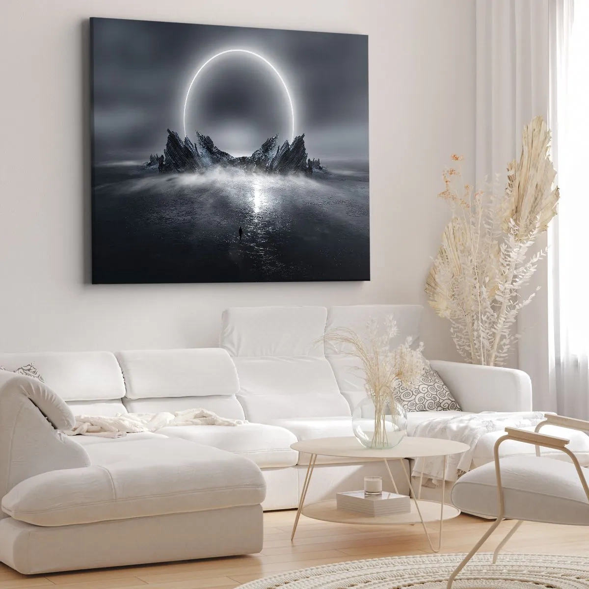 Cuadro sobre lienzo - Impresión de Imagen - Paisaje misterioso con un anillo de luz sobre las montañas. - 70x50cm - El final del cuento - Decoración de pared moderna para salón y dormitorio ARTTOR