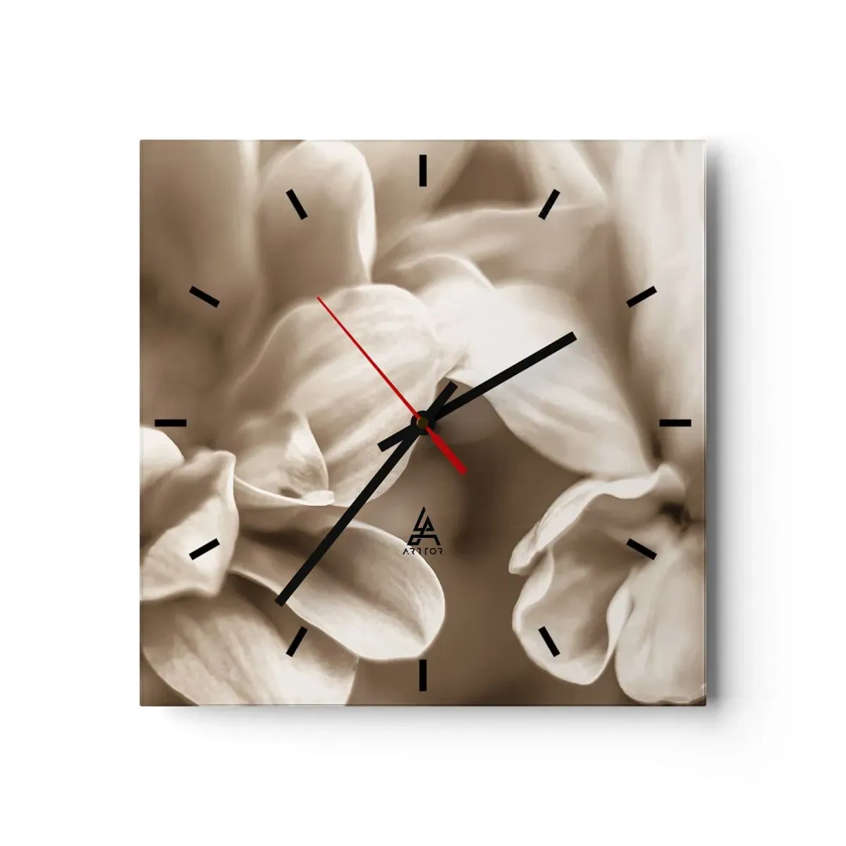 Reloj de pared - Reloj de vidrio - Primer plano de flores en un delicado tono sepia con contornos suaves. - 30x30cm - Suave como una sonrisa - Decoración de pared moderna para salón y dormitorio ARTTOR
