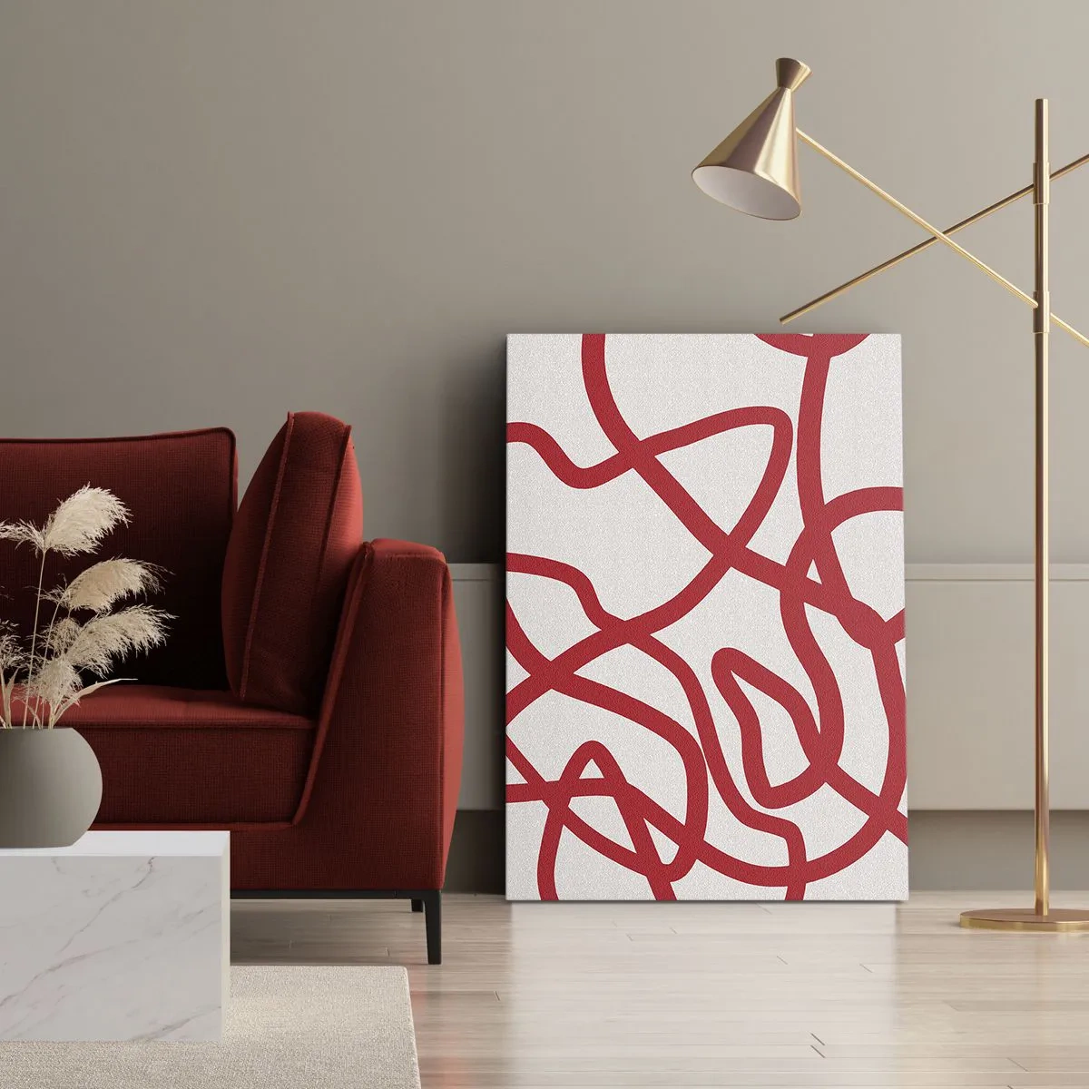Cuadro sobre lienzo - Impresión de Imagen - Líneas abstractas rojas sobre un fondo blanco - 50x70cm - Rojo sobre blanco - Decoración de pared moderna para salón y dormitorio ARTTOR